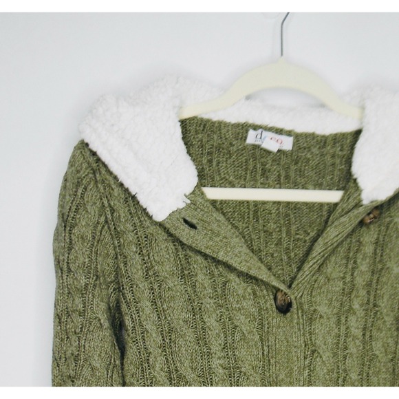 Denim & Co D & Co. Sherpa Lined Hood Cable Knit Cardigan Green Moss M Medium EUC - Picture 1 of 9
